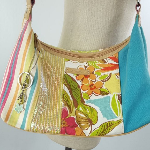 Caribbean Joe Let Go shoulder bag Canvas and Vinyl Sequinned Floral Pattern - Picture 4 of 10
